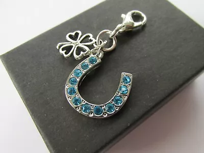 £4.99 • Buy Wedding Gift For Bride Something Blue Crystal Horseshoe & Lucky Clover Charm 