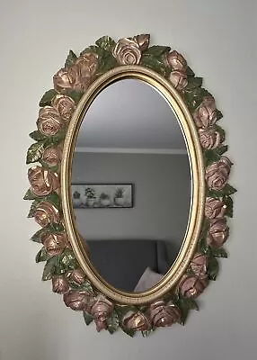 Vintage Home Interiors Oval Wall Mirror Pink/Gold Roses 27” X 19” Beautiful • $129