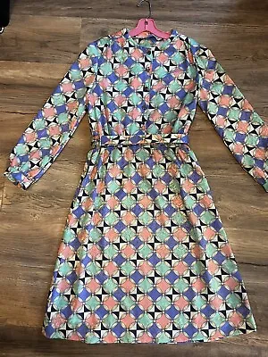 True Vintage 1970s Abstract Mod Carol Brady Pastel Dress MCM Pattern Belted Midi • $5