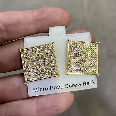 14K Gold Plated Big Square Micro Pave Iced Simulated CZ Screw Back Earrings 22MM • $24.99