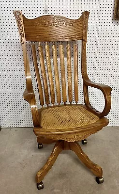 Vintage American Golden Oak Oak Crest Brand Roll Top Office Desk Chair Swivels • $950