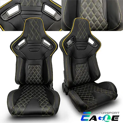 JDM Universal Black PVC Yellow Line Racing Seats Left&Right W/Slider Pair • $298.98