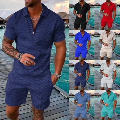 2PCS Mens Summer Co-ord Set Zip Polo Shirts Shorts Hawaii Beach Outfit Sweatsuit • $32.39