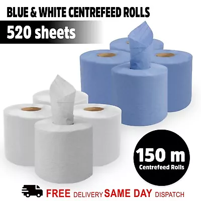 150m Blue Centrefeed Rolls 2ply Embossed White Centrefeed Paper Towels Tissues • £175.99