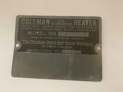 Coleman Lamp And Stove Co Oil Burning Heater Vintage Specs Metal Emblem Sign • $29