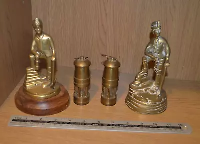 Vintage Miniature Brass Miners Lamps And Coal Miner Figurines • £29.99
