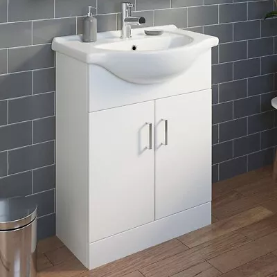 Modern Gloss White Bathroom Vanity Unit Ceramic Basin Sink Doors - 650MM • £149.99