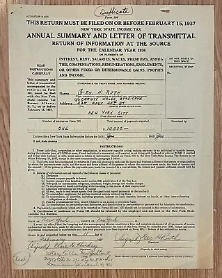 Babe Ruth Signed 1936 New York Tax Return Carbon Copy Extremely Rare From Estate • $3500