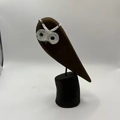 Vintage Mid Century Minimalist Wooden Hand Carved Owl Figure With Metal Accents • $30