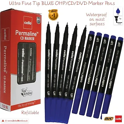 BIC CELLO Permaline Ultra Fine Tip OHP CD DVD BLUE Marker Pens Smudge Proof • £2.39