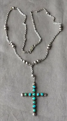 Pretty Vintage Handmade Silver Snake Eye Turquoise Cross Pendant Necklace   • $165