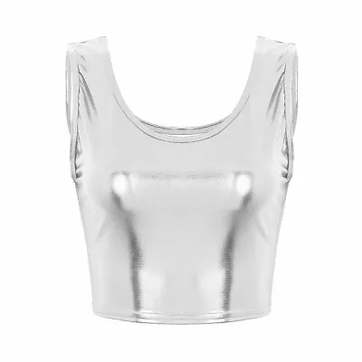 £5.94 • Buy Womens Fashion Shiny Metallic Scoop Neck Tank Crop Top Vest Bustier Blouse Shirt