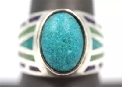 Vintage Mens Coleman Sterling Silver Turquoise & Inlay Stone Size 9 Ring • $39.99