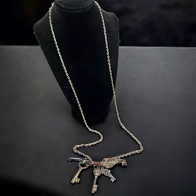 Steampunk Brass & Silver-Tone Skeleton Keys With Rhinestones Pendant Necklace! • $34.99