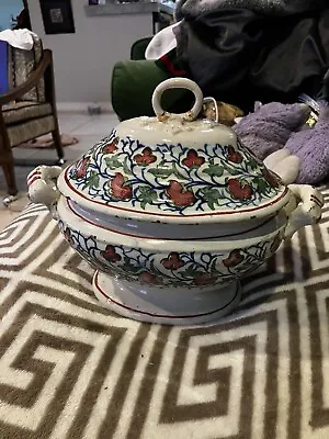 Early POLYCHROME 18th C Antique Dutch Delft Tureen RARE Cracked Floral • $199