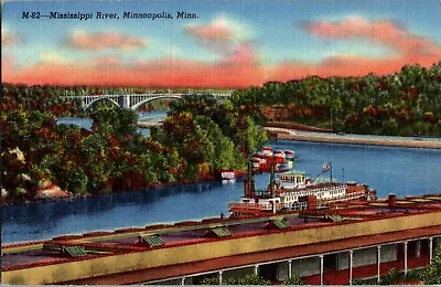 Mississippi River Minneapolis Minnesota Steam Boat Sunset Linen Postcard • $6.95