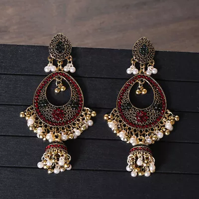 Indian Women 's Small Bell Earring Inlaid Colorful Rhinestone Alloy Jewelry • $4.39