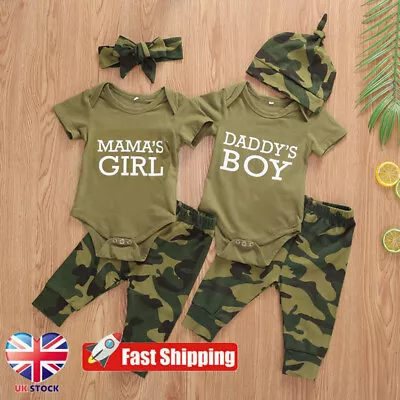 Newborn Infant Baby Boys Girl Clothes Romper Tops Camo Pants Headband Outfit Set • £8.99