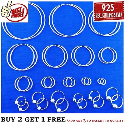 925 Sterling Silver Hoop Earrings Small Large Set Pack With Charm Ball Nose Ring • £5.79