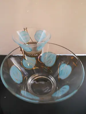 Mid Century Modern Pale Teal Chip & Dip Glass Set Silver Plate Bracket Gold Trim • $34.30