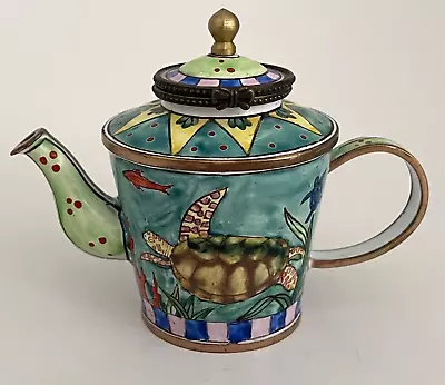 KELVIN CHEN Miniature Enameled Tea Pot Trinket Box 1999 Sea Turtle Ocean # 934 • $22.99