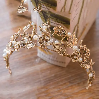 £25.19 • Buy Golden Baroque Crown Crystal Pearl Wedding Elf Gold Leaf Flower Headdress Tiara