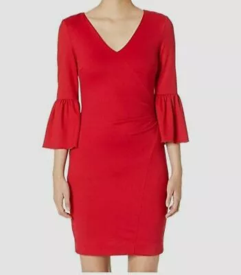 $500 Nicole Miller Women's Red Ponte Ruched Bell Sleeve Sheath Dress Size XL • $79.98