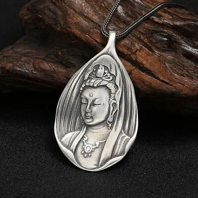 Quan Yin Matte .925 Sterling Silver Buddhist Deity Pendant Jewelry • $120
