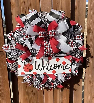 Ladybug Welcome 24  Deco Mesh Wreath 7  Depth Red Black And White • $45