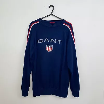 Retro GANT Spellout Knit Jumper Mens Size L Navy Big Logo Pullover *Read* • £16.99