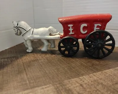 Vintage Cast Iron White Horse Drawn Red Ice Cart Buggy Wagon • $12.95