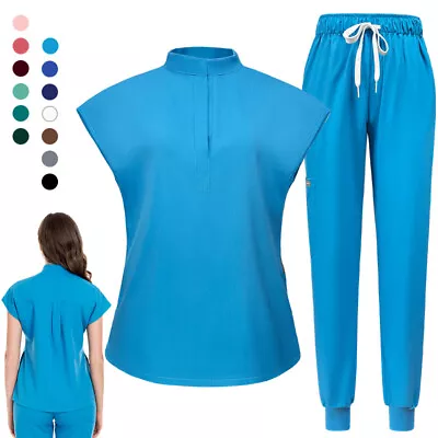 Women Stretch Medical Nurse Uniform Jogger Scrub Set Mandarin Collar Cargo Pants • $28.79