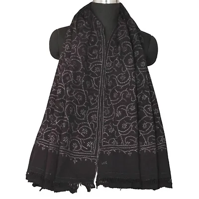 Sanskriti Vintage Black Woolen Shawl Hand Embroidered Suzani Work Stole Scarf • $52