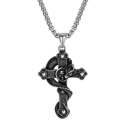 Gothic Men Dragon Skull Cross Pendant Necklace Stainless Steel Jewelry 22  Chain • $10.99