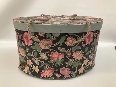 Vintage Pink Green Floral Oval Sewing Notions Box Keepsake Basket Rope Handles • $15.50