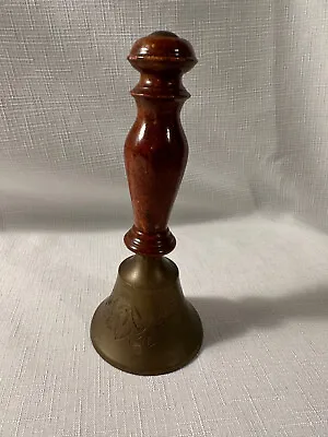 6  Vintage Etched Antique Brass Hand Held Bell With Wooden Handle • $12