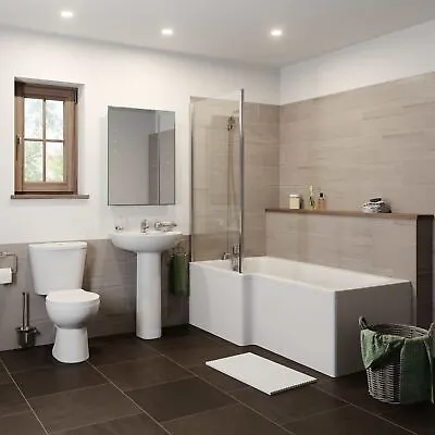Bathroom Suite Close Coupled Toilet Basin Pedestal L Shaped LH Showerbath Screen • £465.50
