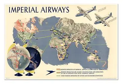 Imperial Airways Airplane Travel Print WORLD MAP Circa 1937  36  Wide X 24  High • $24.97