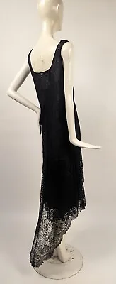 Pristine Flapper 1920’s Black Silk Lace Dress W High Low Pointed Hem  • $285