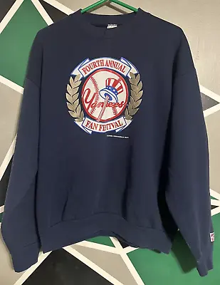 Vtg 90s NEW YORK YANKEES Sweatshirt Mens XL Blue Crew Neck Made In USA MLB • $29.99