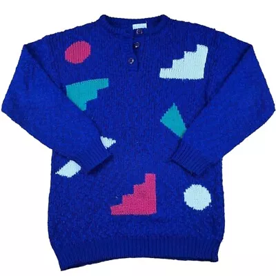 Blue Vintage Jumper Colour Block Button Jumper Medium Hipster Retro • £22.50