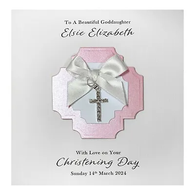 Handmade PERSONALISED Christening Card - Diamanté Cross Charm Girl • £8.85
