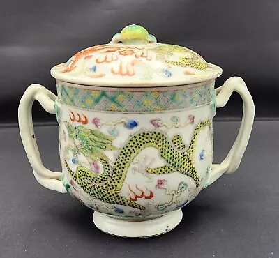 ANTIQUE CHINESE PORCELAIN HAND PAINTED BOWL WITH DRAGONS AND LID 1890’s • $42