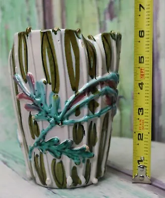 Mid Century Modern Majolica Jardinière Green Pink Ceramic Art Vase Planter Italy • $25