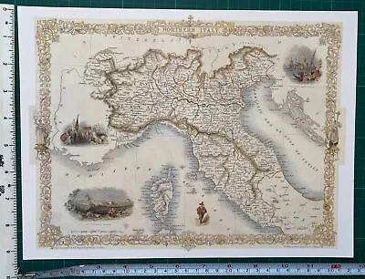 Old Antique Picture Map North Italy Venice Rome: 1800s: Tallis: Reprint • £5