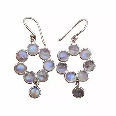 Sterling 925 Silver Multi Moonstone Cabochon Round Stone Handmade Dangle Earring • $10.92