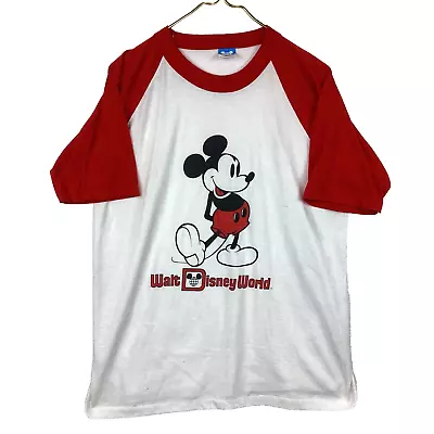 Vintage Walt Disney World Mickey Mouse Raglan T-Shirt Large White Made Usa 80s • $39.99