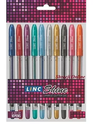 10 X Linc Shine Sparkled GLITTER Gel Pens 0.7 Mm FINE Tip 10 Colours • £2.65