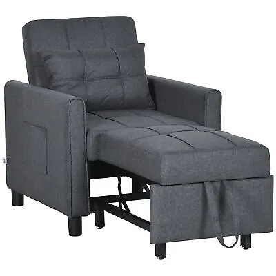 HOMCOM Pull Out Chair Bed Sleeper Chair With Pillow Side Pockets Grey • £199.99