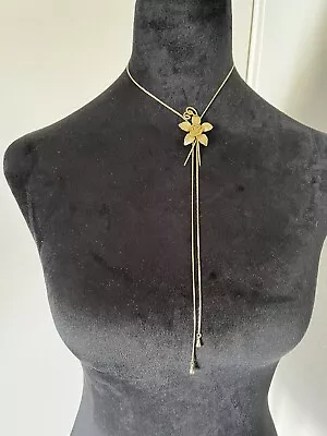 Vintage Chocker Necklace Gold Tone Flower Lariat Bolo Tie Floral Slide 1950s • $11.99